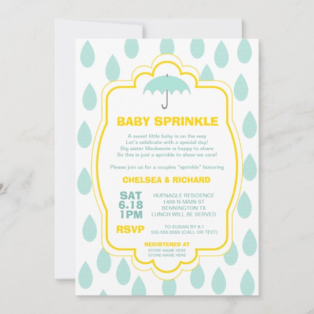 Sprinkle Baby Shower Inbjudan RainDrop teal gult (Framsida)