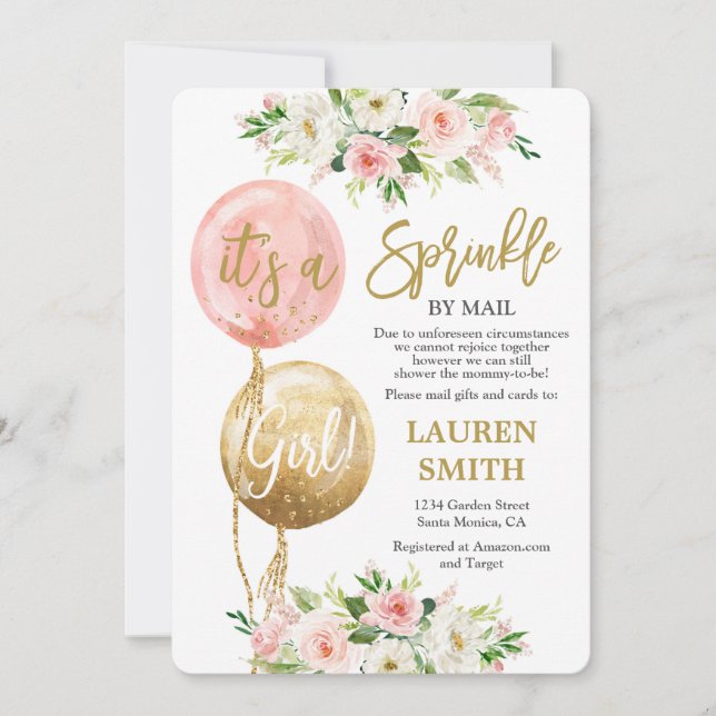 Sprinkle by Mail rosa balloons baby-duschflicka Inbjudningar (Framsida)