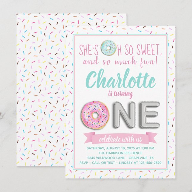 Sprinkle Donut Folieballong 1-årsfest Inbjudningar (Fram/baksida)