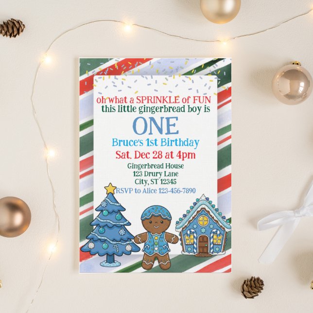 Sprinkle Gingerbread, Blue Holiday 1st Birthday Inbjudningar (Skapare uppladdad)