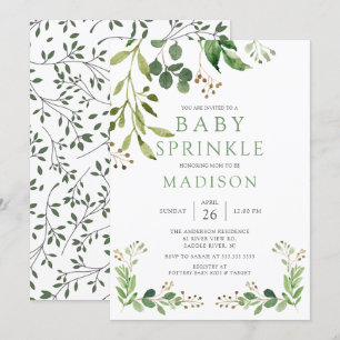 Sprinkle-inbjudan för botaniska Grönt Löv Baby Inbjudningar