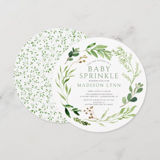 Sprinkle-inbjudan för botaniska Grönt Löv Baby Inbjudningar (Fram/baksida)