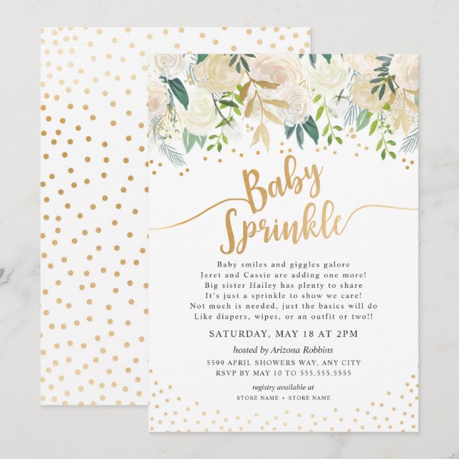 Sprinkle-inbjudan för vit Blommigt Baby Inbjudningar (Fram/baksida)