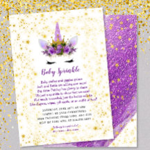 Sprinkle-inbjudan till lila Guld Unicorn Baby