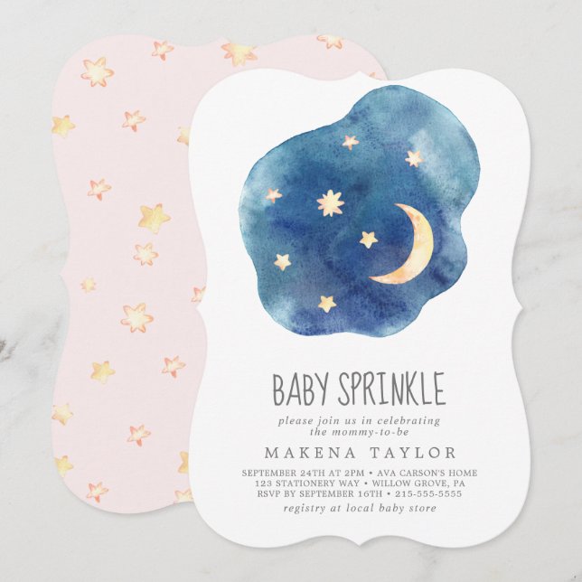 Sprinkle-inbjudan till Måne och Stars Girl Baby Inbjudningar (Fram/baksida)