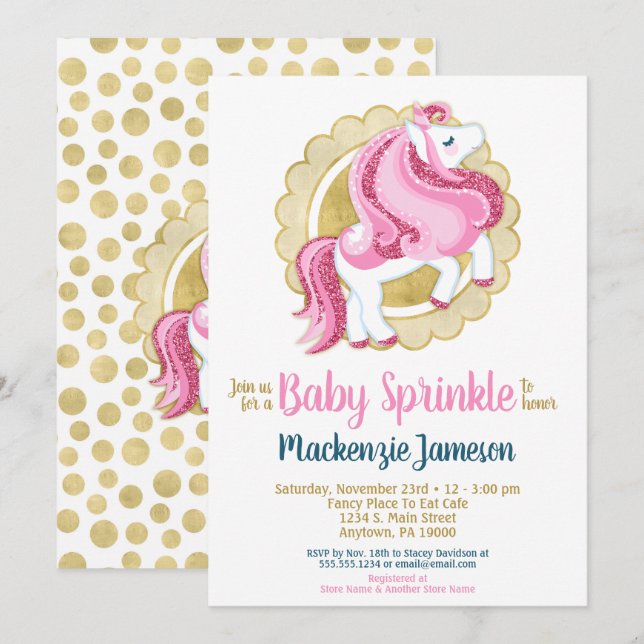 Sprinkle-inbjudan till Unicorn Rosa Guld Girls Bab Inbjudningar (Fram/baksida)