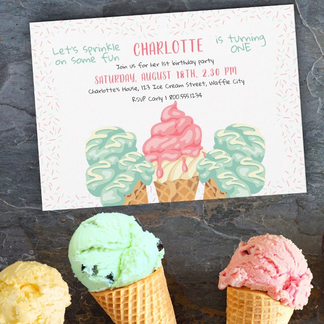 Sprinkle på Roligten Ice Cream 1:a födelsedagen Inbjudningar (Skapare uppladdad)