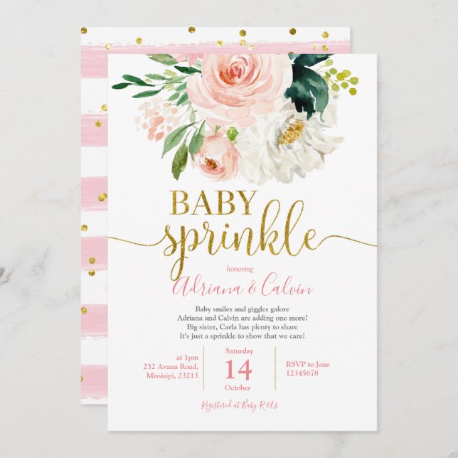 Sprinkle Shower för rosa  Blommigt Baby Inbjudningar (Fram/baksida)