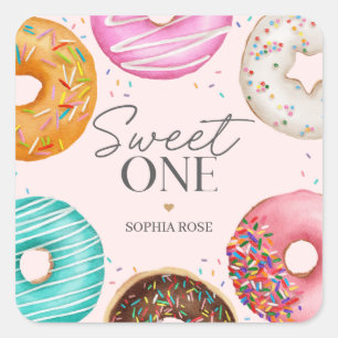 Sprinkled Donut Sweet ONE 1st Birthday Party Fyrkantigt Klistermärke