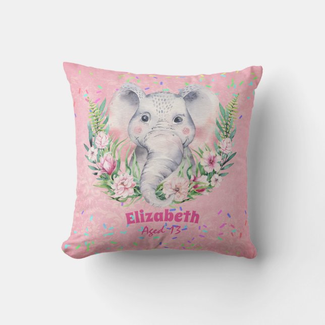 Sprinkles Elephant Boho Blommigt Girls NAMED Gift Kudde (Framsida)