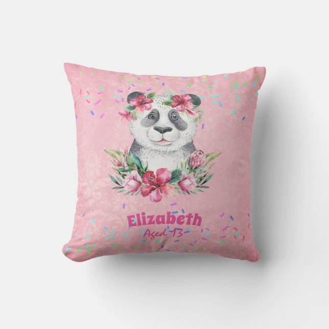 Sprinkles PANDA BEAR Rosa Boho Flowers Girls Namng Kudde (Framsida)
