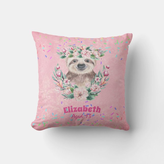 Sprinkles SLOTH Boho Girls Rosa Flowers ger Cute Kudde (Framsida)