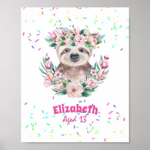 Sprinkles SLOTH Boho Girls Rosa Flowers ger Cute Poster