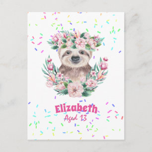 Sprinkles SLOTH Boho Girls Rosa Flowers ger Cute Vykort
