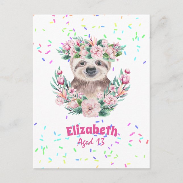 Sprinkles SLOTH Boho Girls Rosa Flowers ger Cute Vykort (Framsida)