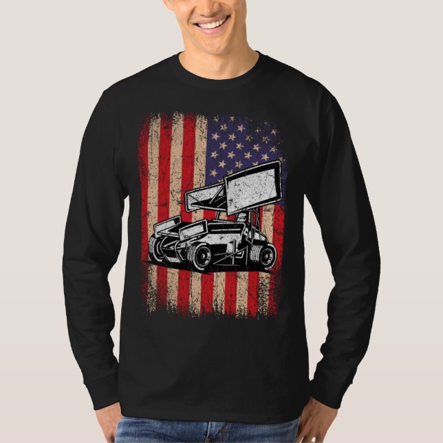 Sprint Car Dirt Track Racing USA Flag Veterans Day T Shirt (Framsida)