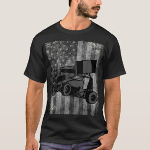 Sprint Car Tävla Black Grått American Flagga Dirt  T Shirt