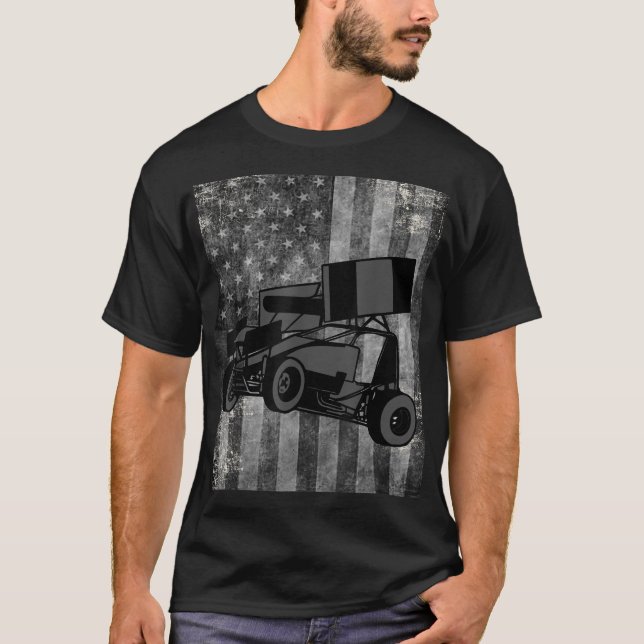 Sprint Car Tävla Black Grått American Flagga Dirt  T Shirt (Framsida)