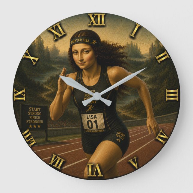 Sprinter Funny Mona Lisa Track & Field Athletes Stor Klocka (Framsida)