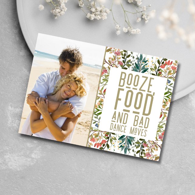 Sprit Food Bad Dance flyttar foto Bröllop Spara Datumet (Booze Food Bad Dance Moves Photo Wedding Save The Date)