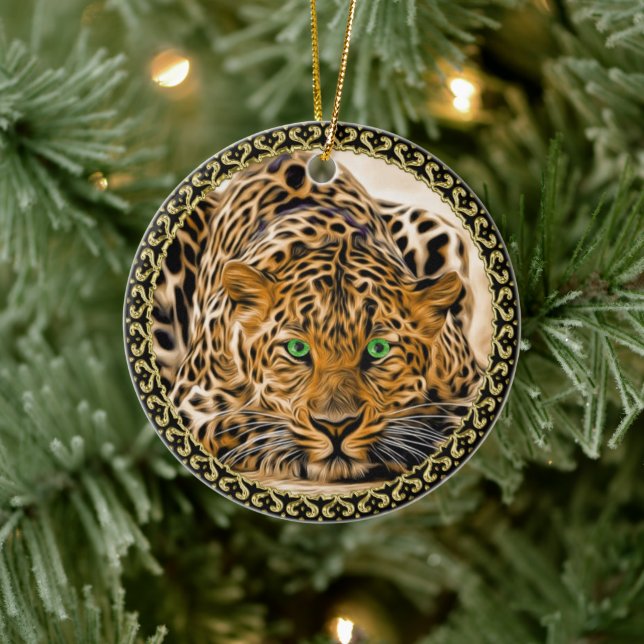 Sprit lätt grönt öga leopard tittar på dig julgransprydnad keramik (Träd)