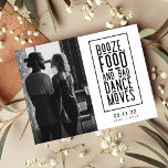 Sprit, mat, dålig Dance Moves Funny Sparat datumet<br><div class="desc">Spara datumkortet för det roligt-vänliga paret som inte kan vänta med att fira med sin familj och sina vänner. Svart och vit typografi med ditt foto som lyder: Sprit, mat och dålig dans rör sig. Anpassa vykortets framsida med foton, namn, datum och plats för bröllop. Lägg till din returadress och...</div>