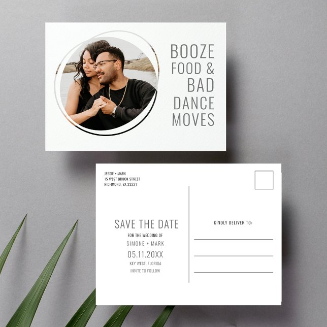 Sprit, mat, Dance Funny Bröllop spara datum Meddelande Vykort (Booze, Food, Bad Dance Funny Wedding Save the Date Postcard)