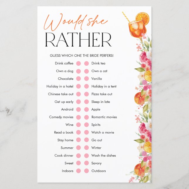 Spritz Bridal Shower Games Would She Rather (Framsida)