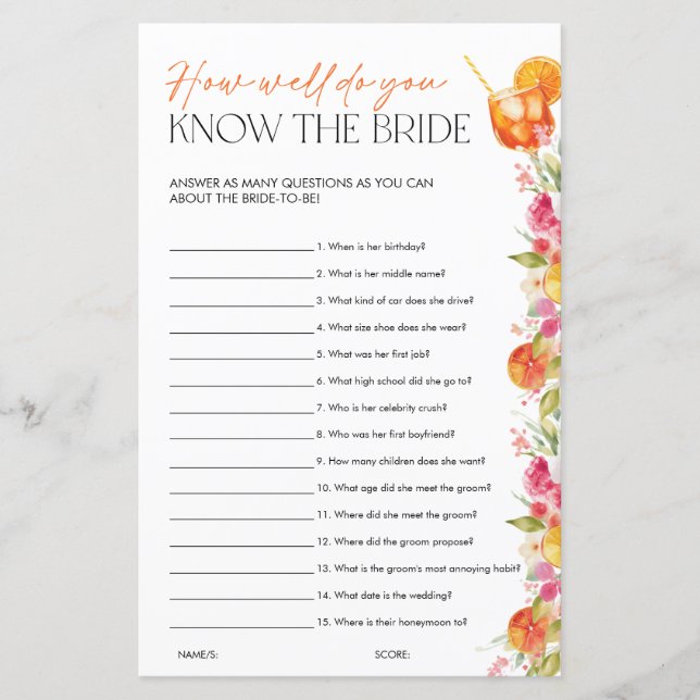 Spritz Citrus Bridal Shower Games Know the Bride (Framsida)