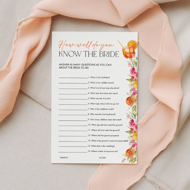 Spritz Citrus Bridal Shower Games Know the Bride (How well do you know the Bride? Love at First Spritz Bright Floral Citrus Theme)