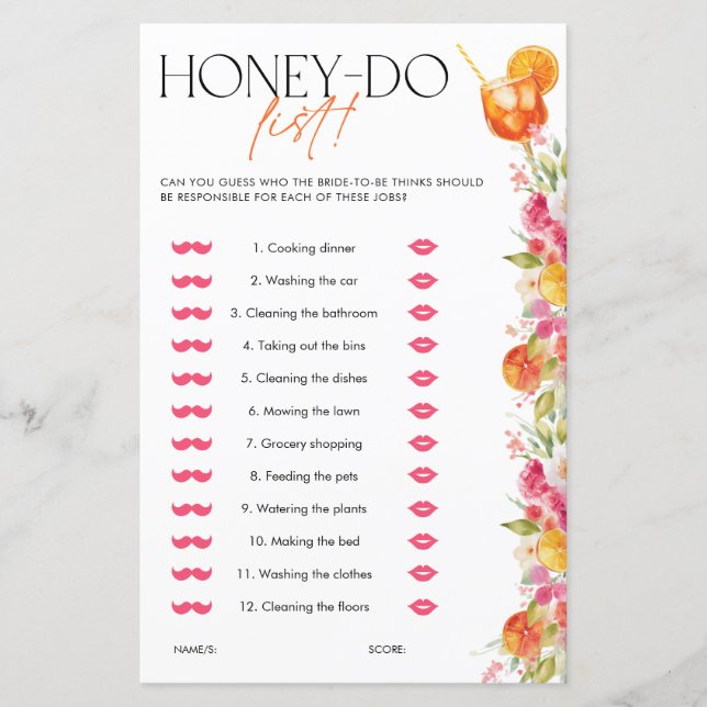 Spritz Citrus Honey Do List Bridal Shower Game (Framsida)