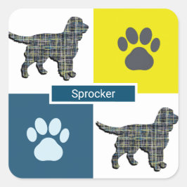 Sprocker Spain Hund Silhouette & Tass Y&B Grid Fyrkantigt Klistermärke