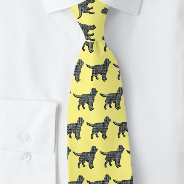 Sprocker Spaniel Hund Gul & Svart Rutig Gul Slips (Sprocker dog silhouette grid pattern yellow tie)
