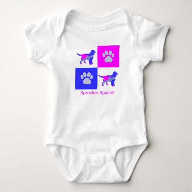 Sprocker Spanska Hund & Paw Print Rosa och Blue T Shirt (Framsida)