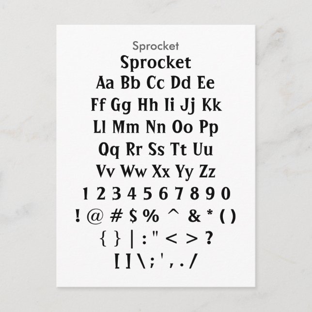 Sprocket - Zazzle Font Sampler Lakan Vykort (Framsida)