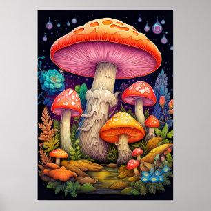 Sprouting Vild Forest Mushroom Illustration Poster