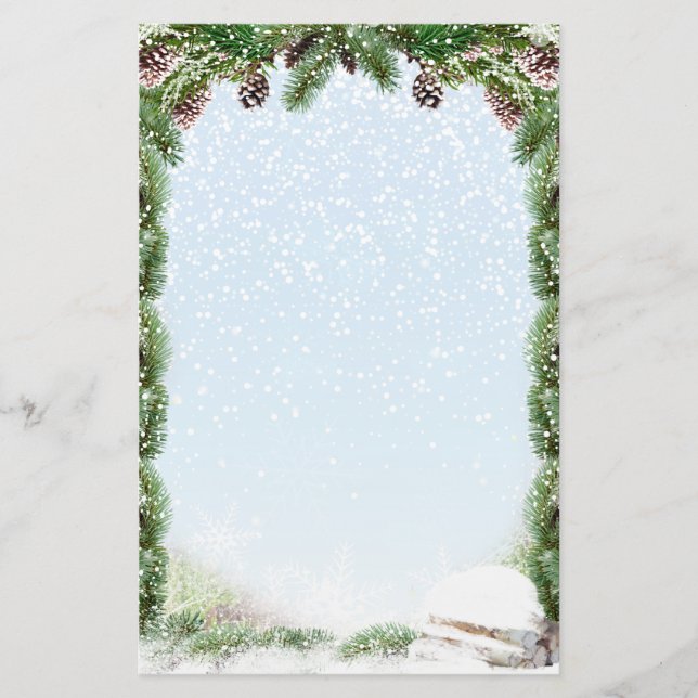 Spruce, cones, log, snö Winter Stationery Brevpapper (Framsida)