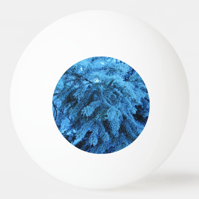 Spruce grenar täckt med snö och frostkristaller pingisboll (Framsidan)