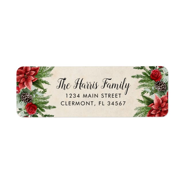 Spruce Pinecone och Poinsettia Parchment Papper Returadress Etikett (Framsidan)