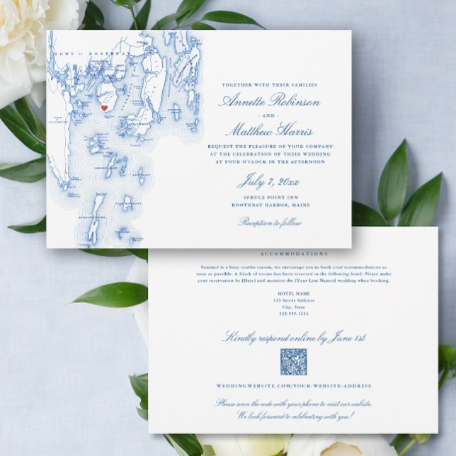 Spruce Point Inn all-in-one QR-kod OSA Bröllop Inbjudningar (Spruce Point Maine Elegant QR Code RSVP all-in-one wedding invitation with elegant navy blue map)