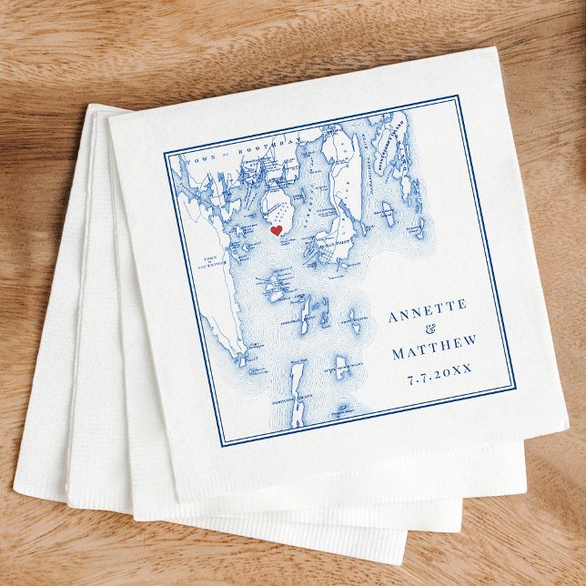 Spruce Point Inn Boothbay Harbor Maine Karta Bröll Pappersservett (Spruce Point Inn Boothbay Harbor Maine Map custom wedding napkins in elegant navy blue)
