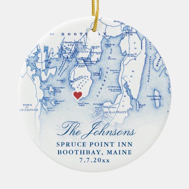 Spruce Point Inn Maine Newlyren Första jul Julgransprydnad Keramik (Framsidan)