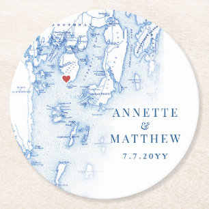 Spruce Point Maine Karta Elegant Blue Wedding Favo Underlägg Papper Rund