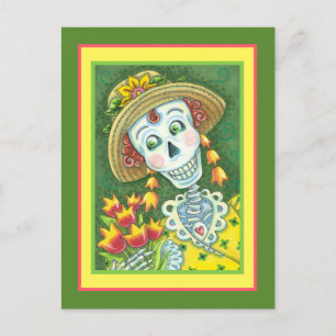 SPRUTTID SKELLT OCH TULIPS, DAM SKELETON FUNNY HELG VYKORT