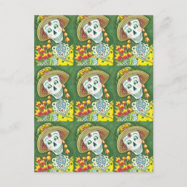 SPRUTTID SKELLT OCH TULIPS, DAM SKELETON FUNNY HELG VYKORT (Framsida)