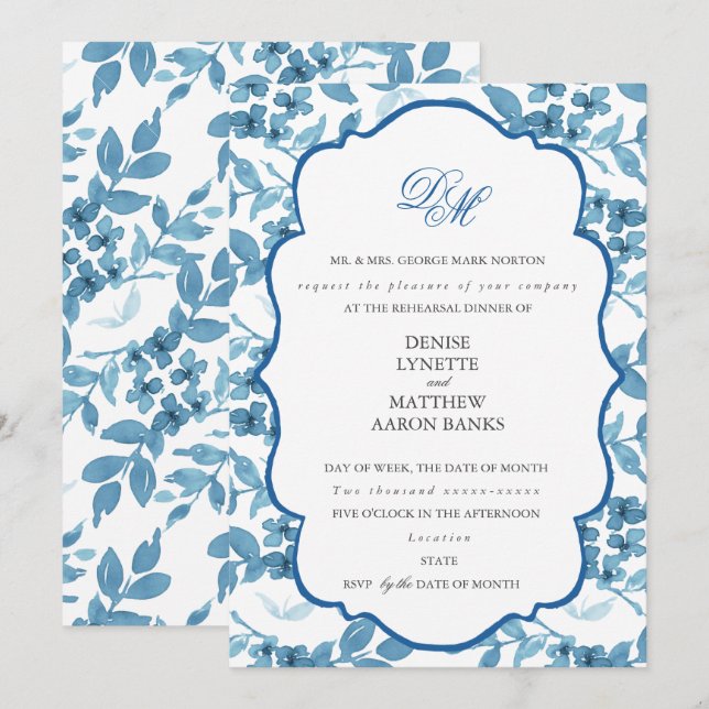 Spun Sugar & Skydiver Blue Bröllop Rehearsal Inbjudningar (Fram/baksida)