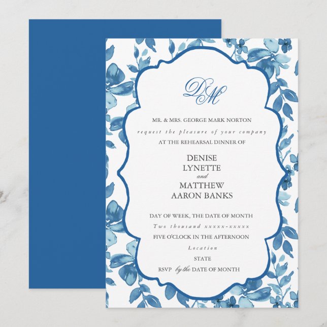 Spun Sugar & Skydiver Blue Bröllop Rehearsal Inbjudningar (Fram/baksida)
