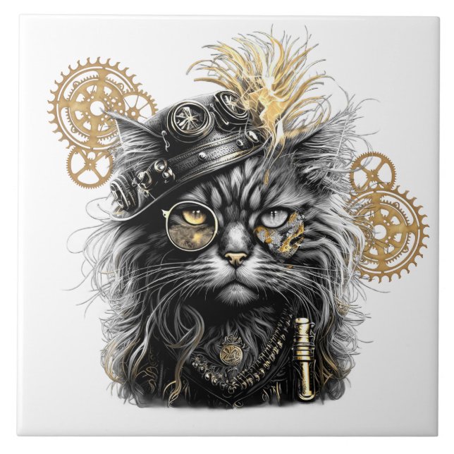 Spunky Paws Den Funky Steampunk Katten  Kakelplatta (Framsidan)