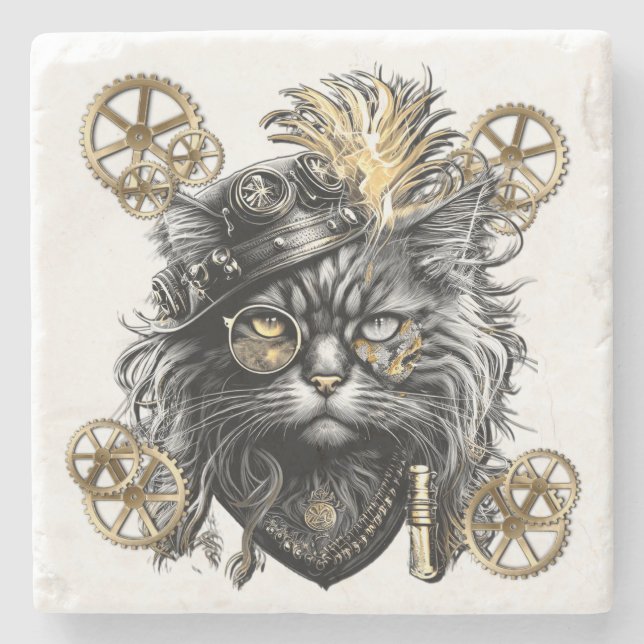 Spunky Paws Den Funky Steampunkkatten  Stenunderlägg (Framsidan)