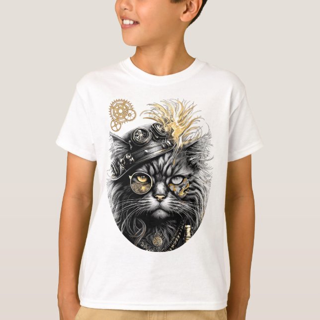 Spunky Paws The Funky Steampunk Cat  T Shirt (Framsida)